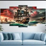 Pirate Ship Ocean Voyage Wall Art – 5-Piece Canvas Set (16x40 inches) | Wooden Sticky Tile Frames with Double Tape