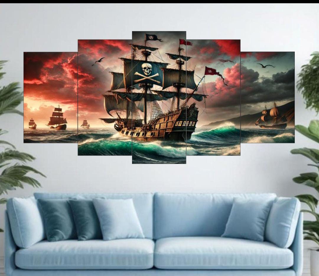 bba5307941668dfb588270c20cd0517d.jpeg Pirate Ship Ocean Voyage Wall Art – 5-Piece Canvas Set (16x40 inches) | Wooden Sticky Tile Frames with Double Tape - Image 1