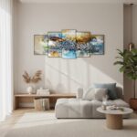 5-Piece Abstract Islamic Wall Art – Modern Arabic Calligraphy on Wooden Sticky Tiles (40x16 Inch Ready Size)