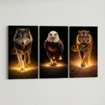 Set of 3 Majestic Wildlife Wall Art – Wolf, Eagle, and Tiger – 8x11 Inch Wooden Sticky Tiles for Powerful Room Decor