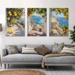 Set of 3 vintage Mediterranean lemon tree coastal wall art frames sized 8x11 inches each
