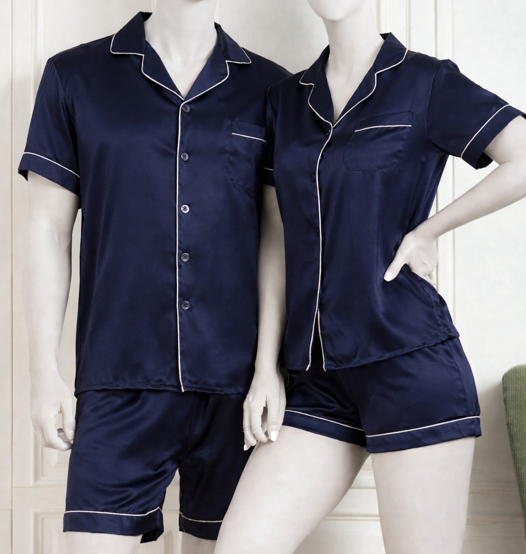 c178aadf11e784692cb798b6de657b72.jpeg Couple Night Dress Silk Pajama Set – Short Sleeve Shirt & Shorts (4 Pcs) | SKU DC-C014 - Image 1