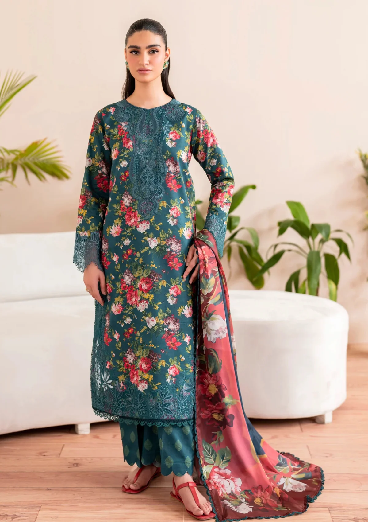 Floral embroidered lawn suit with chiffon dupatta front view
