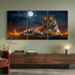 3-Piece Majestic Tiger & Full Moon Wildlife Wall Art – Wooden Sticky Tiles Canvas Painting 24x11 inch ready size