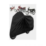 Universal waterproof bike cover on parked motorcycle