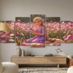Enchanted Princess Flower Field 5-Piece Wall Art Set – 40x16 Inch Wooden Sticky Tiles Ready Size