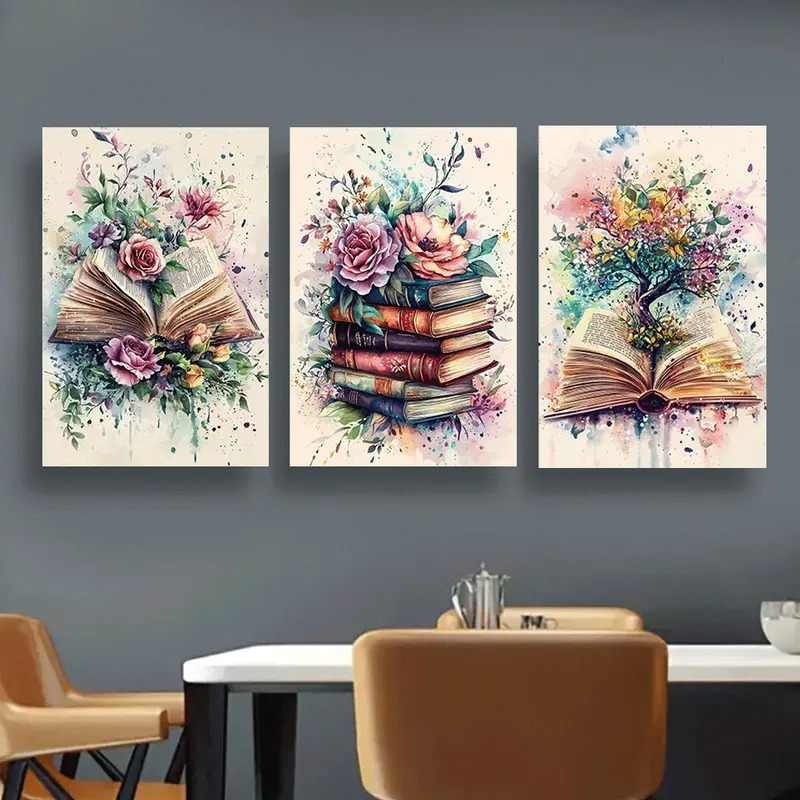 cd70a7d3dde31b9ca550e466d756689b.jpeg Watercolor wall art of open book blooming with flowers and leaves on wooden sticky tile