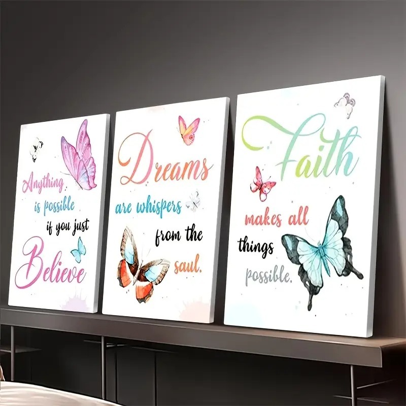 cdee22ba6a977358d5e7a12431e35c77.jpeg Believe, Dream, Faith – 3-Piece Inspirational Butterfly Wall Art Set (8x11 inch) - Image 1