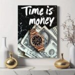 Time is Money wooden wall art frame with watch and dollar design