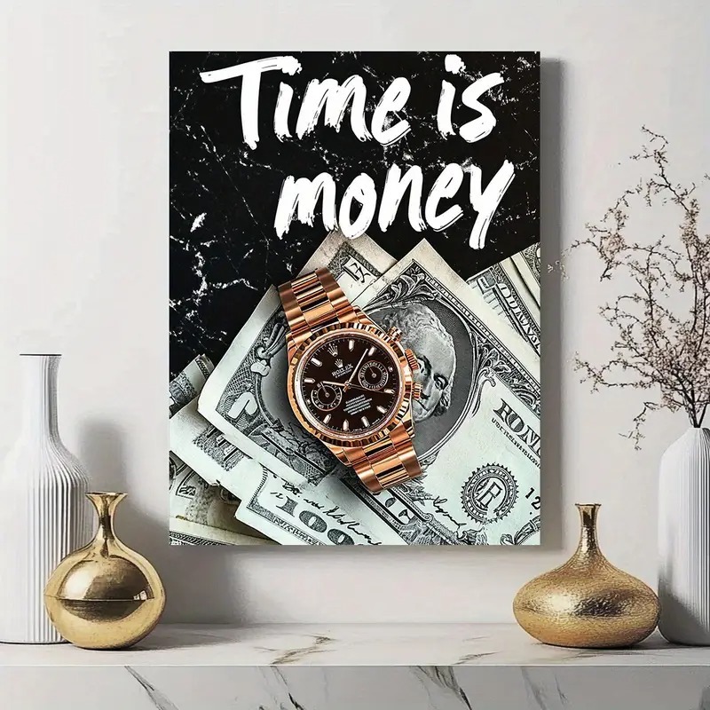 ced5da238bb75b180e495882a4e14f45.jpeg Time is Money wooden wall art frame with watch and dollar design