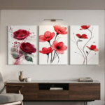 Elegant Red Floral Bloom Wooden Wall Art Frame Set | 3-Piece Minimalist Nature Series Sticky Tiles for Modern Home and Office Decor | Size 8x11 Inch Per Frame
