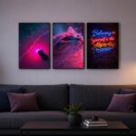 Neon Aesthetic Cat and Coastal Car Wooden Wall Art Frame Set | 3-Piece Motivational Success Sticky Tiles | Modern Night Glow Wall Gallery | 8x11 Inch