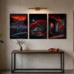 Moonlight Cottage and Red Floral Wooden Wall Art Frame Set | 3-Piece Atmospheric Nature Sticky Tiles for Elegant Home Decor | 8x11 Inch