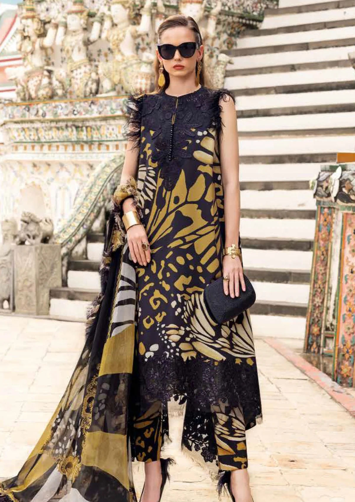 d7807a986766d819f5c36752016072bf.webp Maria B inspired black and mustard embroidered lawn shirt front view