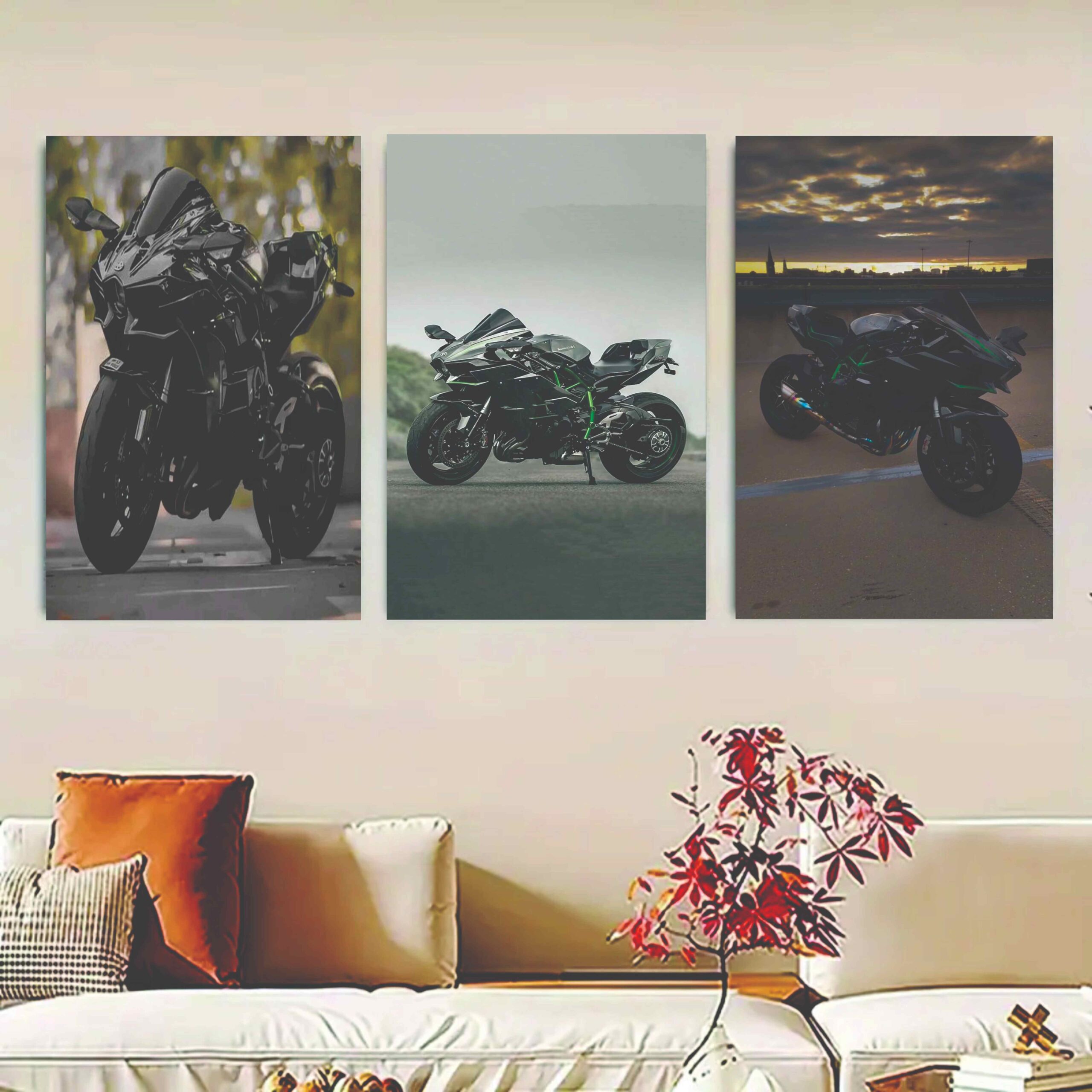 d839ccdb1c3ed5805f697dbd6f76e09d.jpeg Set of 3 Ninja H2R bike sticky canvas frames on wall