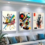 3-piece abstract geometry wall art set with bold shapes and vibrant colors