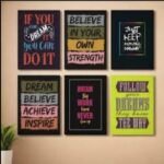 Set of six wooden sticky frames with motivational digital prints for wall decor