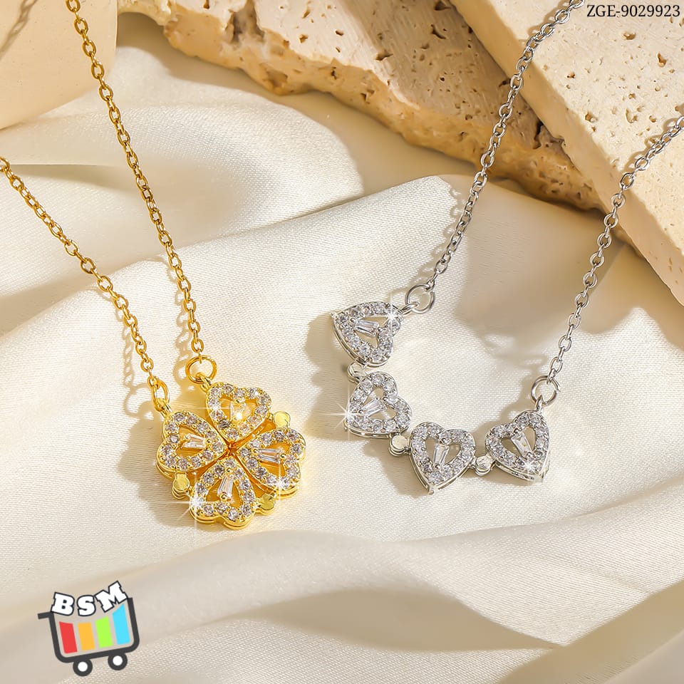 de009c1455fffa793a2bbee1b4058d83.jpeg ZGE-923 Korean Magnetic 4 Leaf Clover Pendant Necklace – Elegant 2 Ways Wearable Jewellery for Women - Image 1