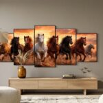 Running Horses Sunset 5-Piece Wall Art Set – 40x16 Inch Wooden Sticky Tiles Ready Size