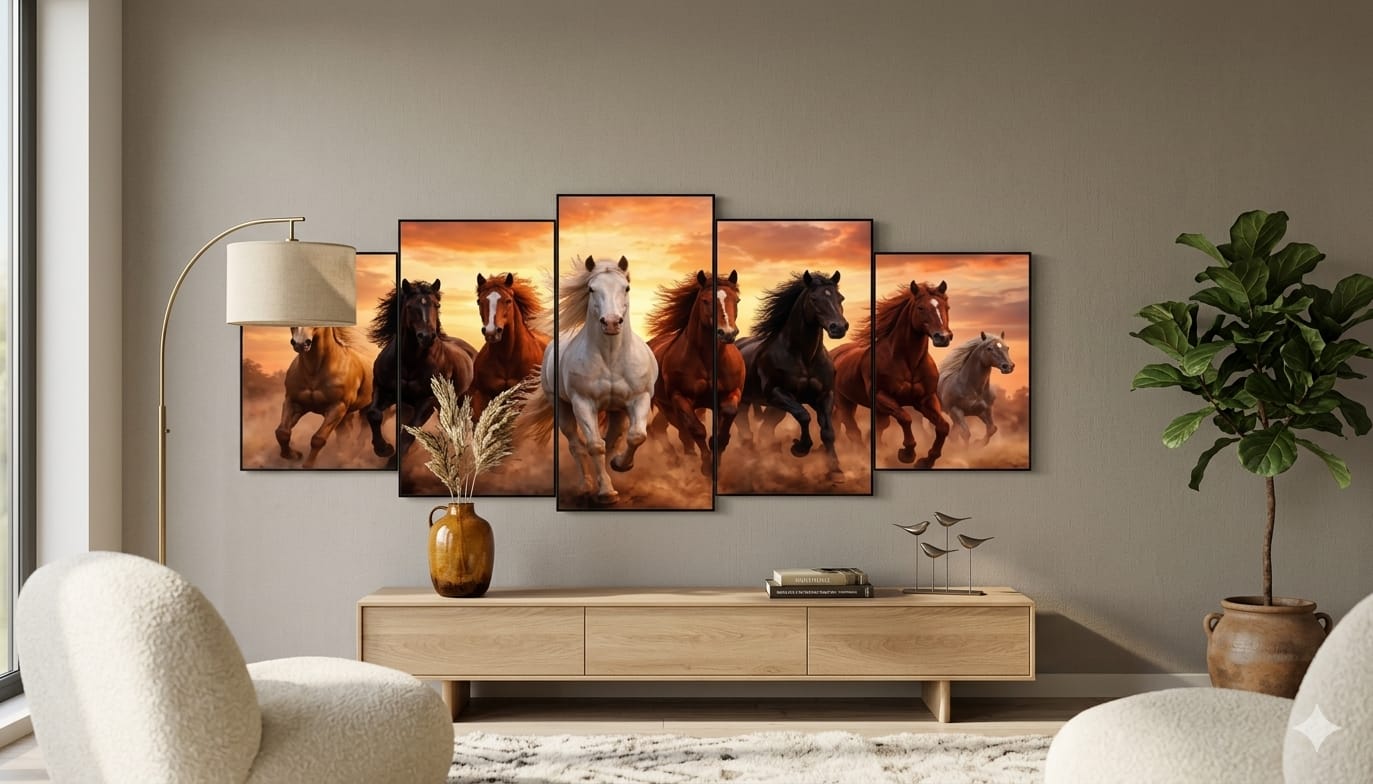 df67ade212144c0d4359a257d5b9ebf7.jpeg Running Horses Sunset 5-Piece Wall Art Set – 40x16 Inch Wooden Sticky Tiles Ready Size - Image 1