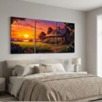 Scenic Cottage Sunset 3-Piece Wall Art Set – 8x11 Inch Wooden Sticky Tiles Individual Ready in Size