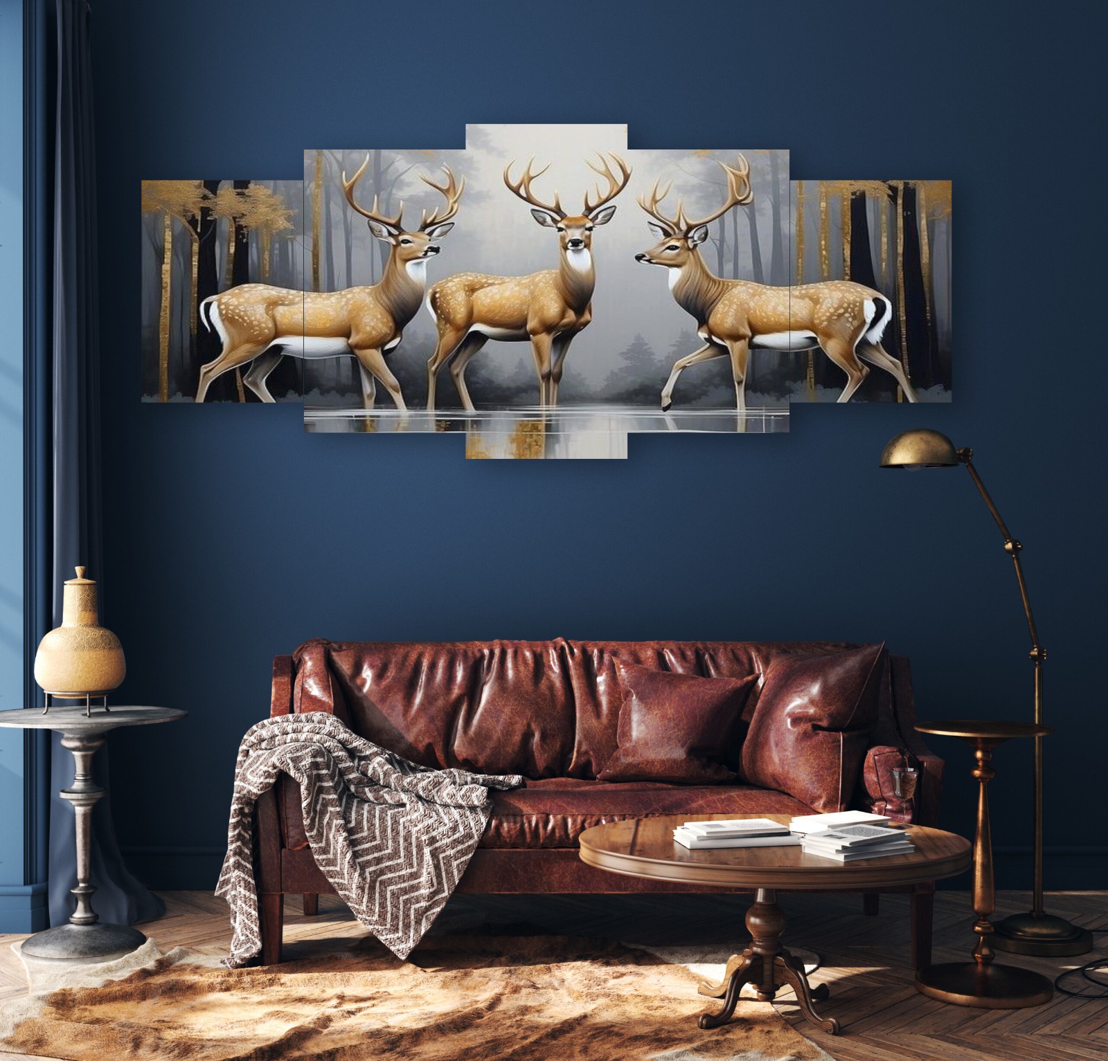 e0bf03f4bd81ba6bc5a6dc3543f87a90.jpeg Set of 5 Frames | 3 Deer Picture | 16x40 Inch | Wooden Sticky Tiles | Easy Wall Mount with Double Tape - Image 1