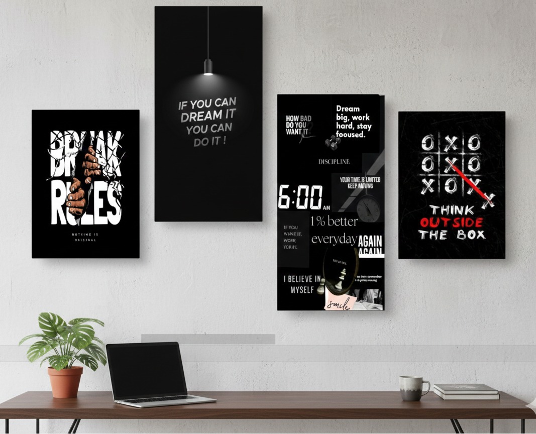 e1cdffb49422f72b87a443e7f1e24888.jpeg Set of 4 Motivational Wall Art Frames | Wooden Sticky Tiles | 8x16" & 8x11" | Easy Wall Décor | Double Tape Included - Image 1