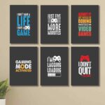 6 cardboard phototiles with gaming quotes and double tape backing for wall decoration