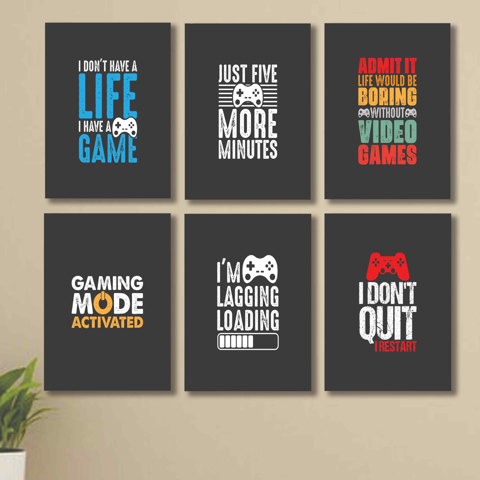e2b6afcd0d67393e29331ddcb6a3d84a.jpeg 6 cardboard phototiles with gaming quotes and double tape backing for wall decoration