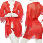 Single Pcs Women’s Net Transparent Sheer Lace Robe Gown – Long Sleeve Free-Size Nightwear With Satin Belt For Elegant And Stylish Comfort (DC-1051)