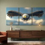 3-Piece Majestic Flying Eagle Wildlife Wall Art – Wooden Sticky Tiles Canvas Painting 24x11 inch ready size