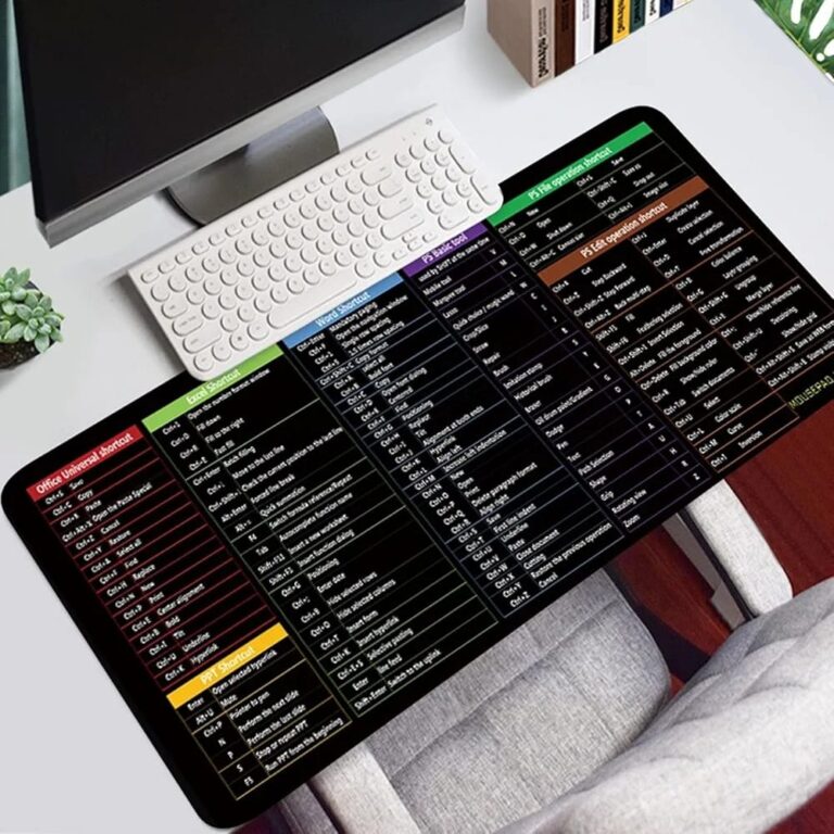 Large Excel shortcut desk mat on office desk with keyboard and mouse