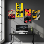 Set of 4 Stylized Automotive Canvas Prints | Wooden Sticky Wall Tiles | 8x16" & 8x11" | Double Tape Included