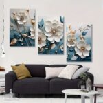Elegant 3-Piece Floral Wall Frame Set – White Blossoms & Golden Stems on Teal Background