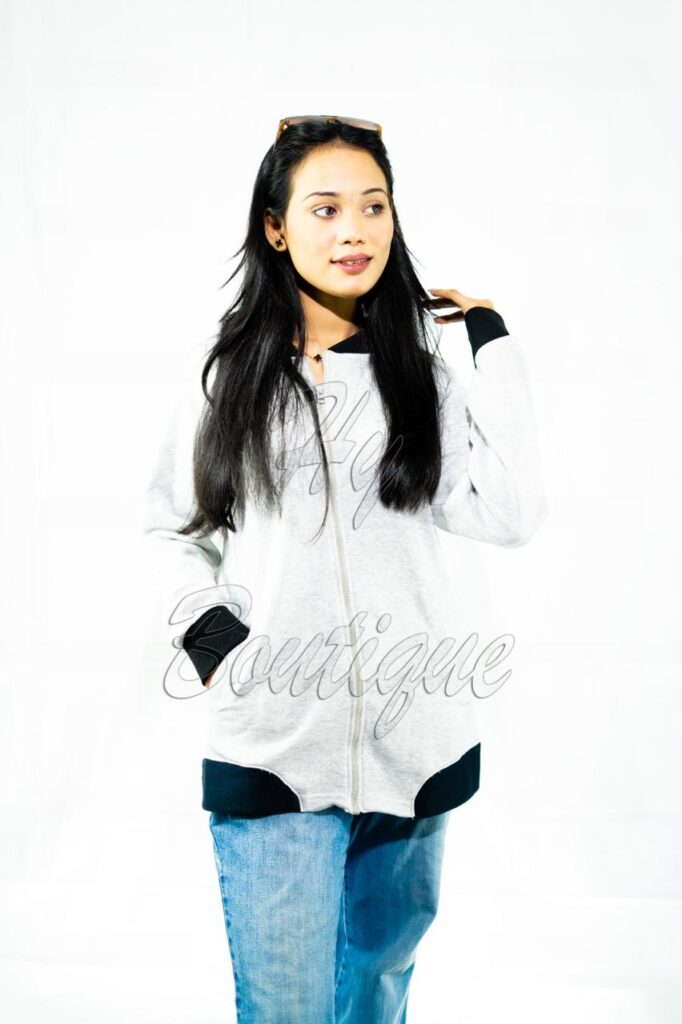 Women’s plain grey winter jacket front view on model