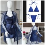 Transparent lace net gown with silk inner slip and matching bra and panty set