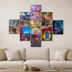 Colorful European Street & Floral Wooden Wall Art Frame Set | 9-Piece Vibrant Scenic Sticky Tiles | Modern Travel & Nature Wall Gallery | 8x11 Inch