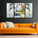 Golden Horizon 3-Piece Wooden Wall Clock Set – Scenic Centerpiece with Abstract Feather Panels Without Cell/Battery.