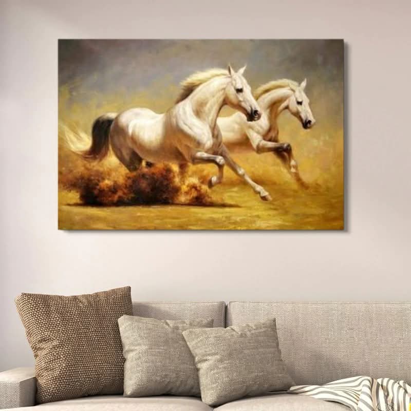 fd74f44f17fbab84cac4d344b2286c72.jpeg Galloping white horses wooden wall art 12x16 inches with golden earth tones