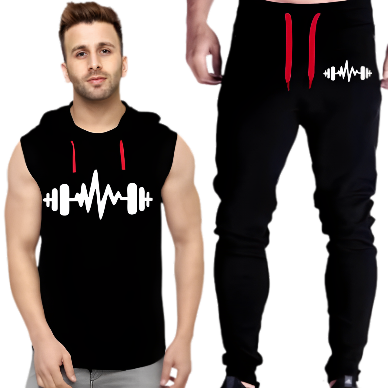 image-5.png Black Vinyl Dumble Printed Gym Summer Hooded Sleeveless Tracksuit for Mens (Hooded + Trouser) - Image 1