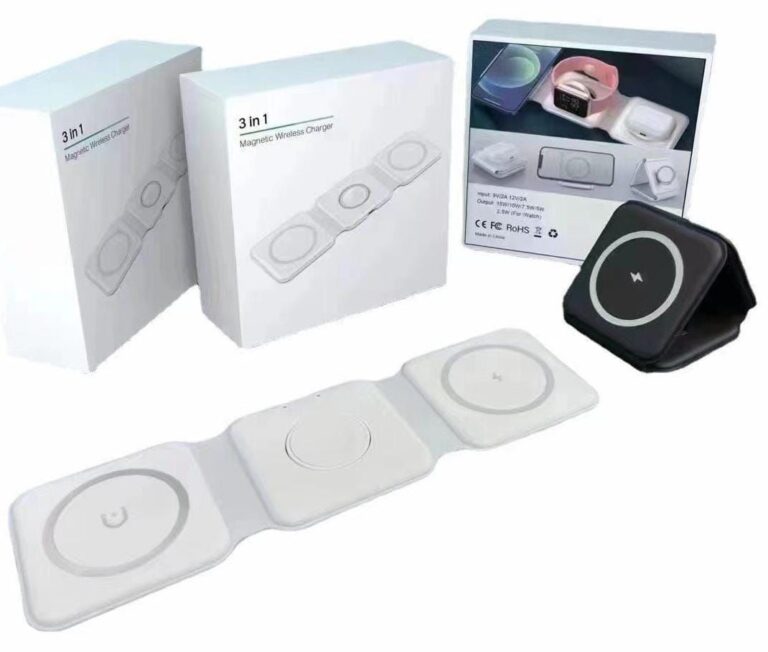Foldable 3-in-1 magnetic wireless charger with iPhone, Apple Watch, and AirPods
