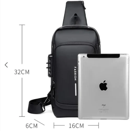 Black multifunction anti-theft USB charging crossbody shoulder bag front view