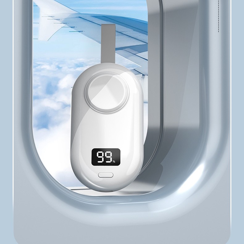 White portable plastic wireless power bank front view