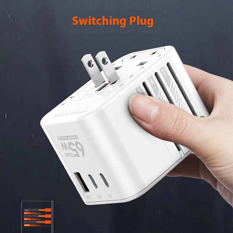 Gallium Nitride PD65W white fast charging travel plug converter front view
