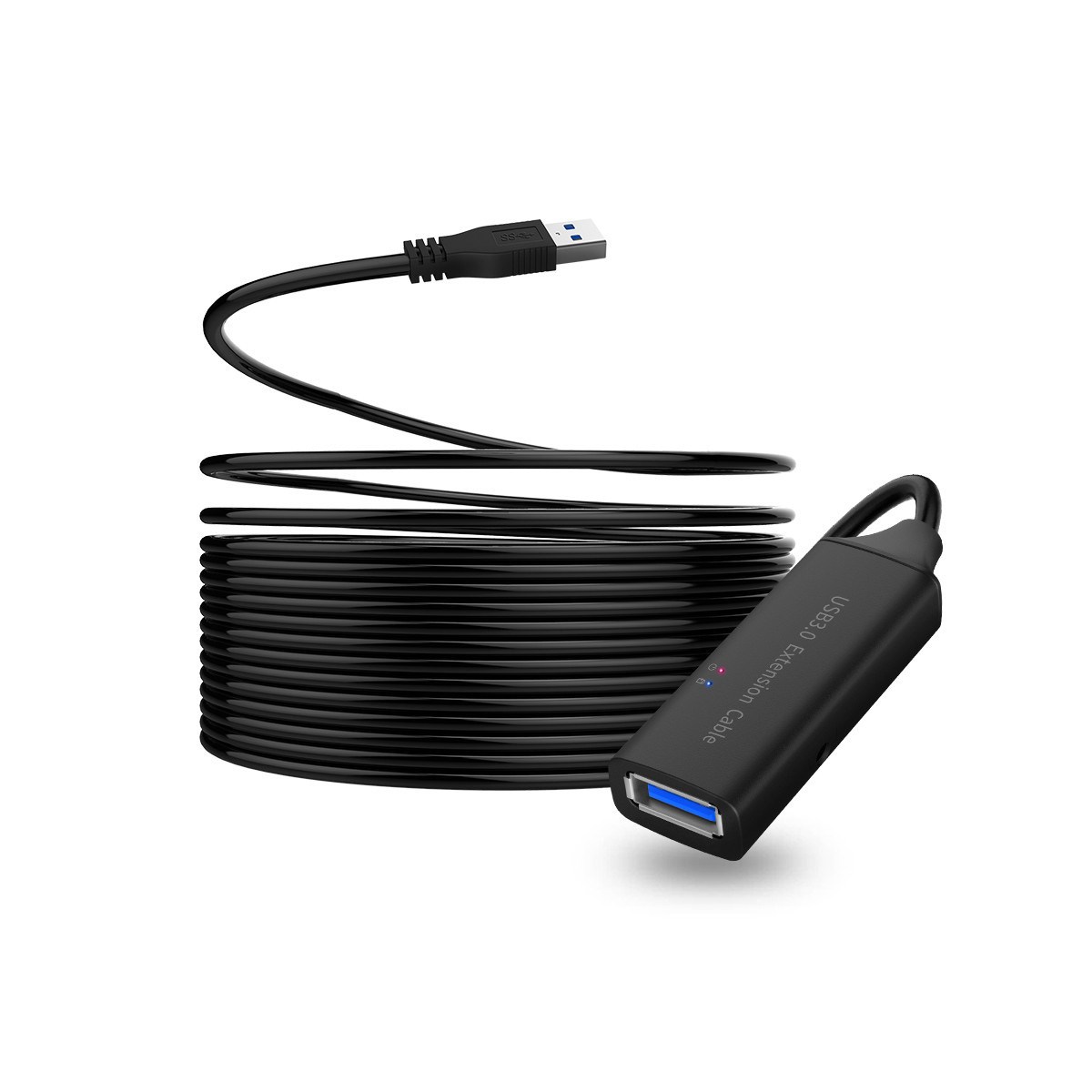 USB data extension cable coiled on white background