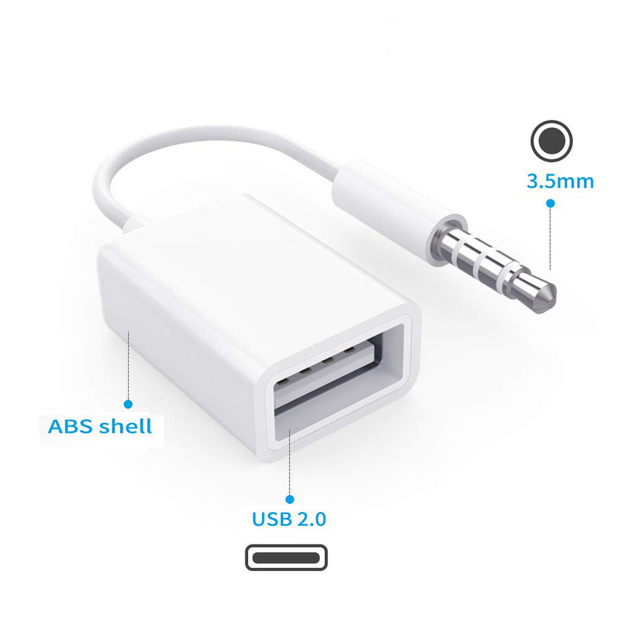 Car MP3 3.5mm male AUX to USB 2.0 female converter cable white