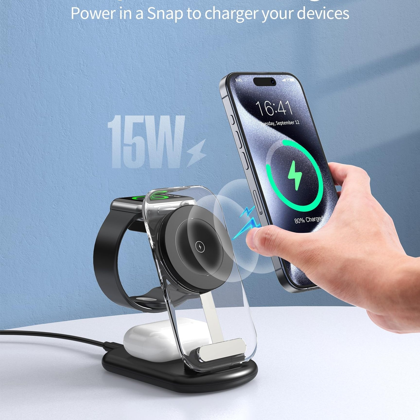 Transparent folding magnetic 3-in-1 wireless charger black front view