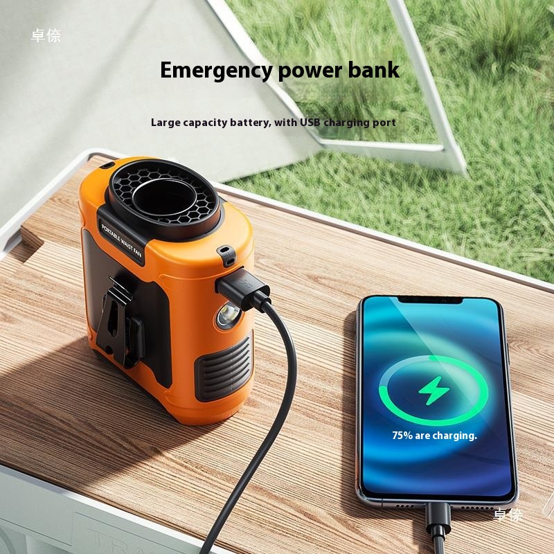 Portable waist hanging fan in use with orange color