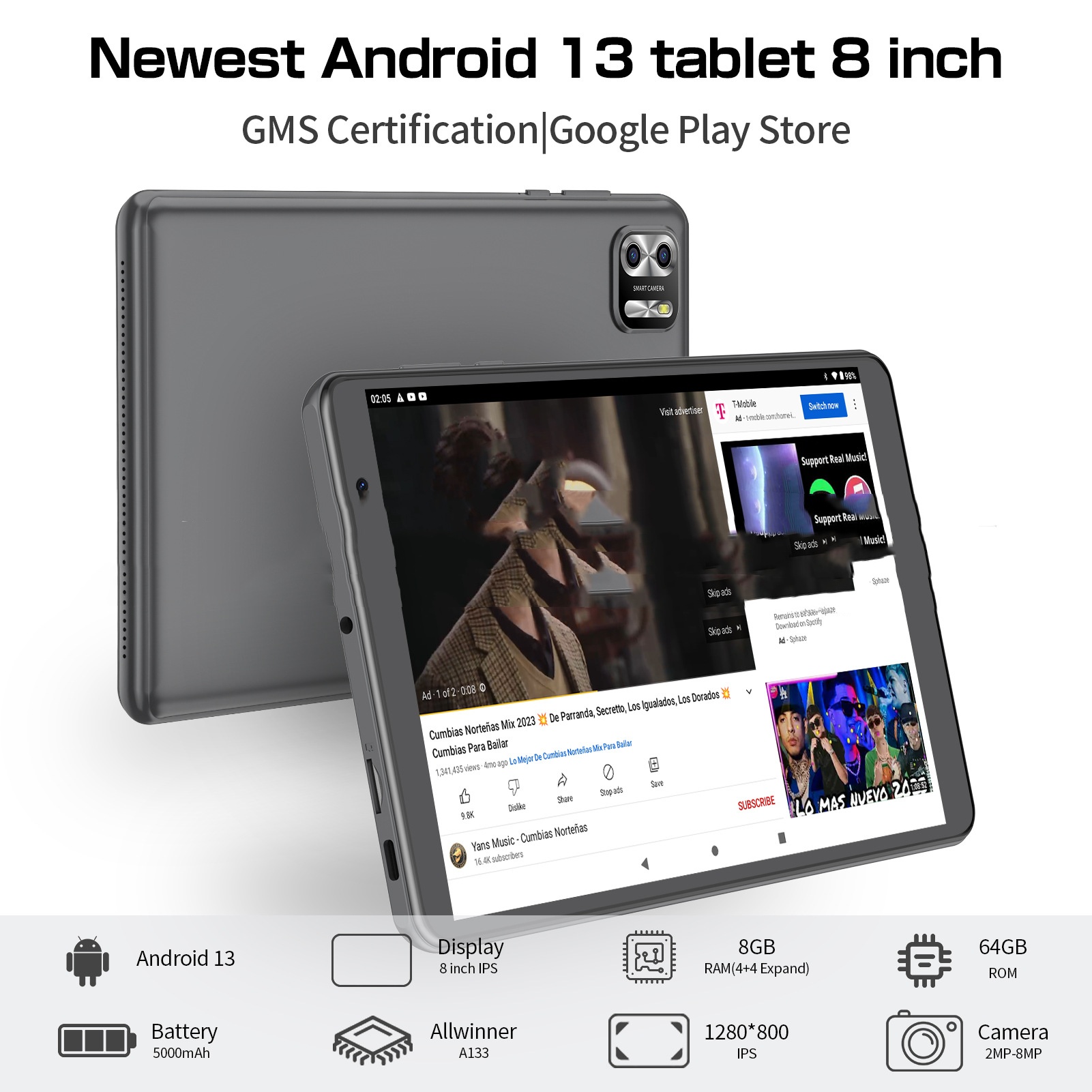 8-inch Android 13 tablet in gray showing front display
