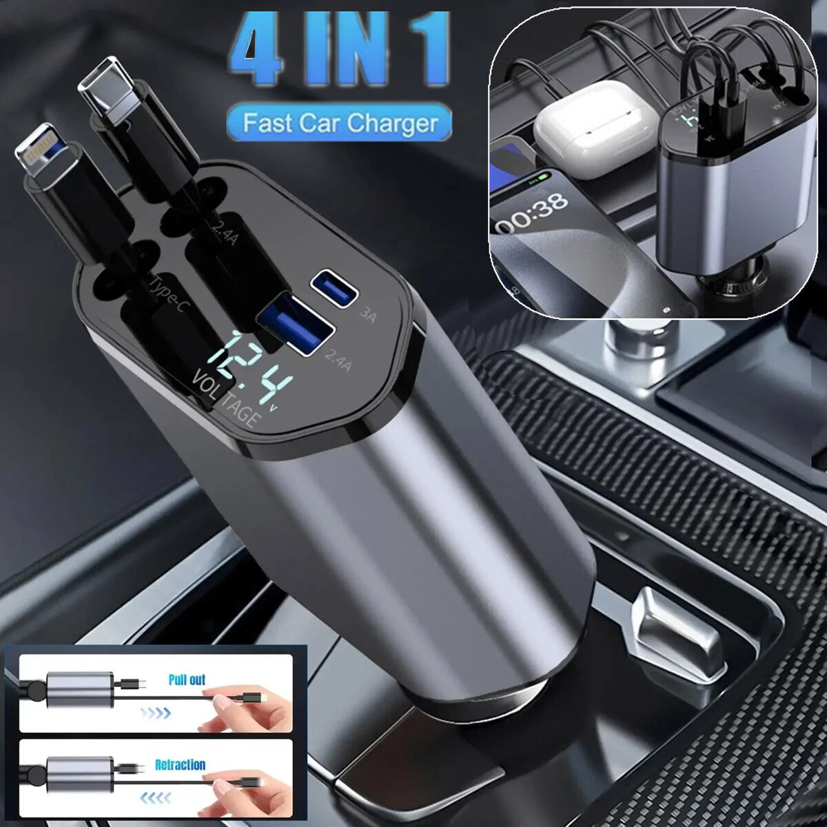120W 4-in-1 retractable fast car charger with USB Type-C cable